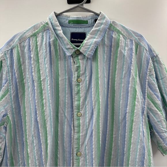 Tommy Bahama Cotton Silk Blend White Blue & Green Striped Button Down‎ Shirt XXL - Picture 2 of 8